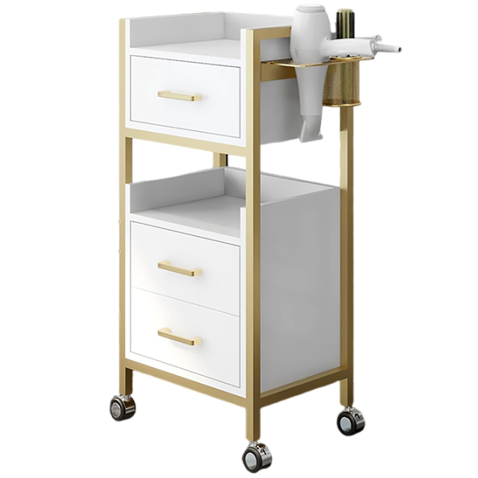 asdchZen Salon Storage Trolley Cart With Wheels And 3 Drawers - Hair Styling Salon Cart With Dryer Holder For Barber, Hairdresser, Cosmetology, Stylist - Black,White,White