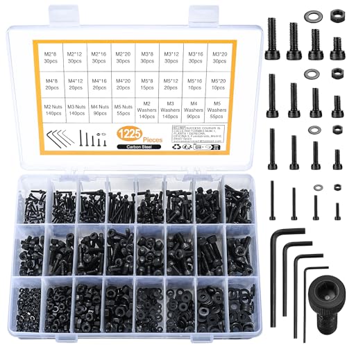 M2/M3/M4/M5 binnenzeskantschroeven, moeren, sluitringen, assortiment, zwarte zeskantschroeven, machineschroeven en moeren, set van 1225 stuks, zwart, ronde bekerkop