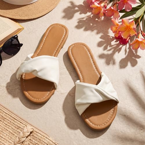 Image of Unittype Women Flat Sandals White Dressy Leather Slides Soft Fashion Open Toe Slippers Summer Minimalist Slip On Beach Slides