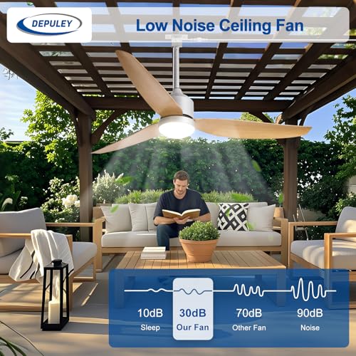 Image of Depuley 52-Inch Ceiling Fans with Lights: Outdoor Waterproof Ceiling Fan for Patios - Plug in Gazebo Fans with Remote Control - Low Profile Outdoor Fan 3 CCT DC Motor for Pergola Porch - Wood Color
