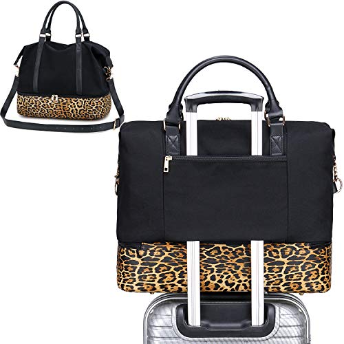 CAMTOP Canvas Weekender Bag, Travel Duffle Women Ladies Carry-on Tote with Shoe Compartment and Luggage Sleeve (Leopard-Black)