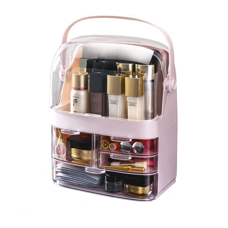 DUMMKZMC Makeup Display Box,Large Transparent Skincare Organizer,Cosmetic Storage Box with Dust Free Cover Portable Handle for Bathroom Countertop Bedroom Dresser (Color : Pink)