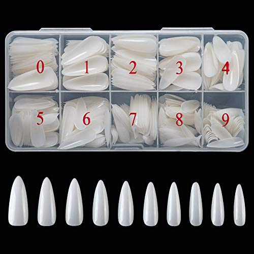 Vastitude Stiletto Nails Full Cover 500PCS Pointed Stiletto Shaped Nail Tips Artificial False Nails 10 Sizes with Box for Girl DIY Nail Salon(Natural)