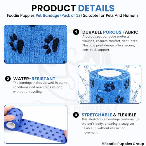 Image of Foodie Puppies 4-Inch Self-Adhesive Kinesiology Pet Bandages - (12 Rolls, Large, 1.8M Each) | Waterproof, Elastic, Breathable Wrap for Dogs, Cats, and Humans | Wound Care, First Aid, Injury Recovery