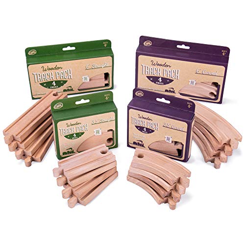 Conductor Carl Value Bundle of 4 Wooden Train Track Booster Sets | Deluxe Train Track Sets (16 pcs.) | Compatible with Major Brands | Classic Hobby Toy