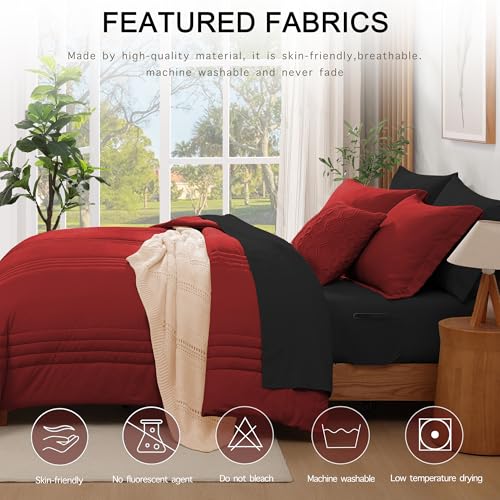 Image of Monbix Full Comforter Set - 7 Pieces Bright Red Bed in a Bag Full Size Bedding Sets with Comforters, All Seasons Comforter with Sheets, Pillowcases & Shams