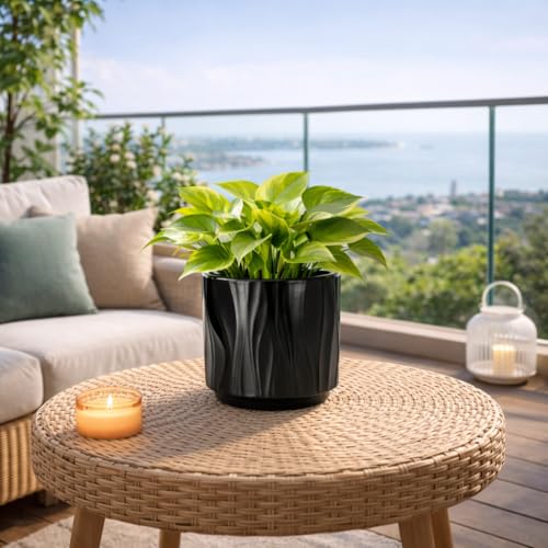 Image of Xtore Sculpted Ceramic Planter | Textured Contemporary Flower Pot for Desk, Shelf & Table Decor - (Black, 1 Piece, Planter ONLY)