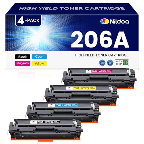 Image of 206A 206X Toner Cartridges 4 Pack with Chip Compatible 206A W2110A W2111A W2112A W2113A Replacement for HP 206A 206X Black Cyan Yellow Magenta Color Pro M255dw M255nw; MFP M282nw M283cdw Printer Ink