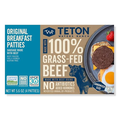 Teton Waters Ranch Breakfast Sausage Patties, 100% Grass-Fed Beef, Fully Cooked, Frozen Beef Breakfast Patties, No Sugar, No Nitrates or Nitrates Added, Gluten Free - 5.6oz
