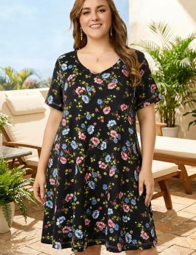 Image of OVERWORETY Womens Short Sleeve Plus Size T-Shirt Dress V Neck Casual Loose Swing A-Line Summer Tunic Dresses with Pockets