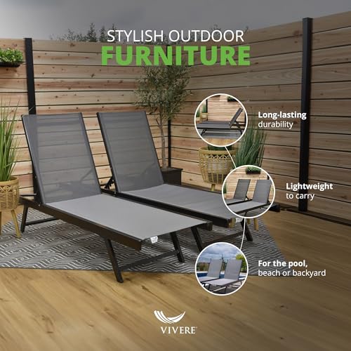 Image of Vivere Set of 2 Aluminum Outdoor Chaise Lounge Chairs, Urban Sun Adjustable Reclining Patio Loungers, Lay Flat Tanning Chairs with Sling Seat, Black