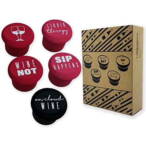 NENGEN 5 Pack Reusable Wine Bottle Stoppers, Christmas, Birthday, Mom Gift Box, Wine Beverage, and Beer Bottles, Funny Wine Pun Silicone Bottle Sealers