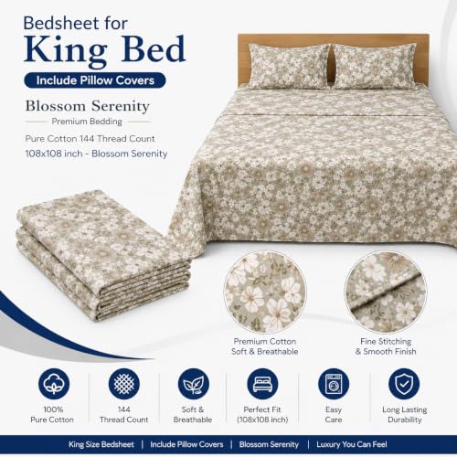 Image of Bedsheet for King Bed Include Pillow Covers | Blossom Serenity Premium Bedding | Pure Cotton 144 Thread Count|108x108 inch - Blossom Serenity