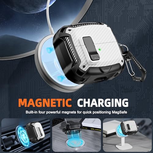 Image of Safety Lock Case for Samsung Galaxy Buds3 FE /Pro /3 (White) | Compatible with MagSafe, Carbon fibre texture Design,with Phone Stand& Cleaning kit,Keychain,