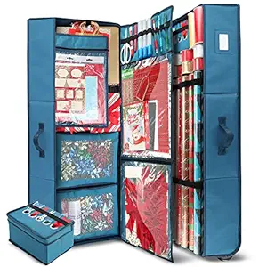 Hearth & Harbor Holiday Storage With Christmas Bins And Ribbon Organizer-Fade Resistant Wrapping Paper Containers With Wheels Fits Up To 30 Rolls, 1 count