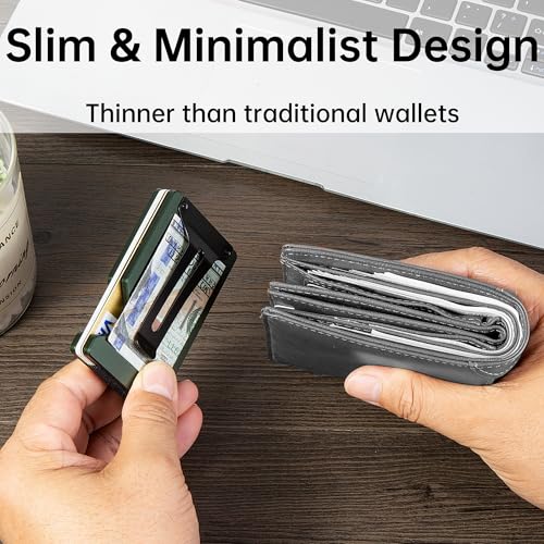 Image of Minimalist Carbon Fiber Wallet for Men, Money Clip Cash Strap Wallet, RFID Blocking Metal Wallet Aluminum Card Holder,Front Pocket Wallet(Matte Green)