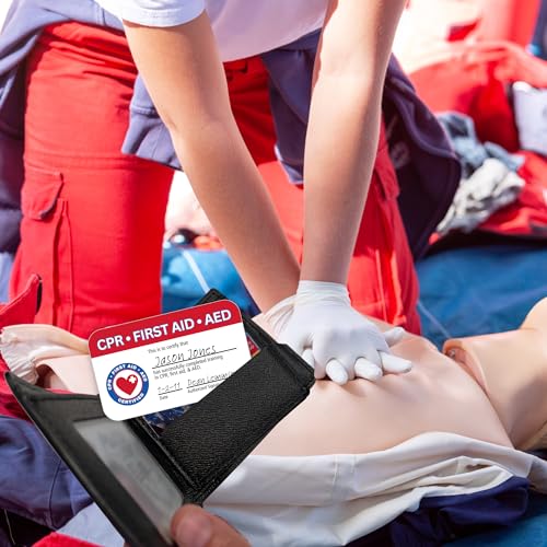 Image of CPR and First Aid AED Certification Cards | 5 pk 2.25x3.5 inch Plastic Wallet Sized Quick Reference Guide Fill Out Name Training Certificate