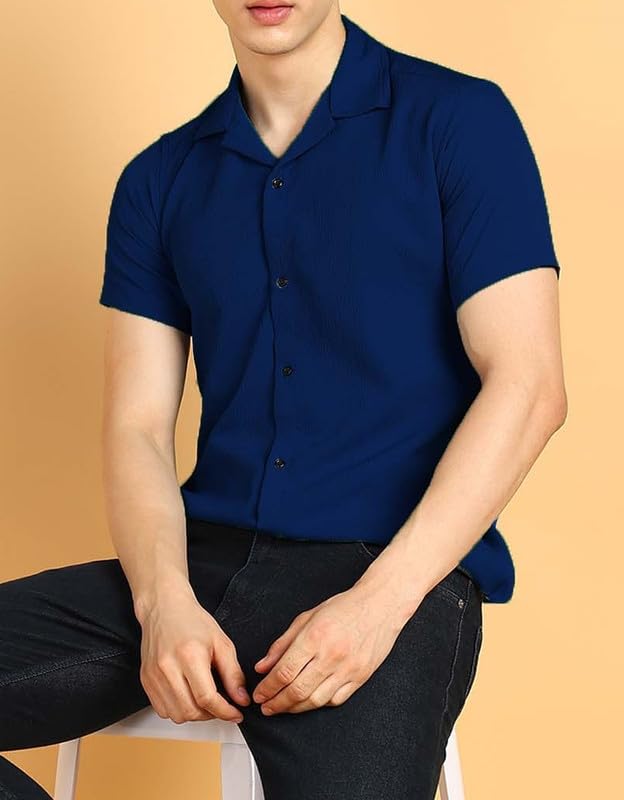 Image of COMBRAIDED Men's Solid Cotton Blend Half Sleeve Shirt - Regular Fit Casual Button-Down Shirt for Office & Travel - Summer & Spring
