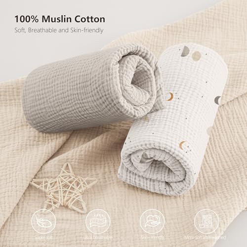 Image of Bearmoss Muslin Crib Sheets - 100% Cotton Baby Crib Sheets Fitted for Standard Crib Mattress & Toddler Bed Mattress 52 inchx28 inch Soft Breathable Crib Sheet Neutral for Boys Girls - 2 Pack (Grey Moon)