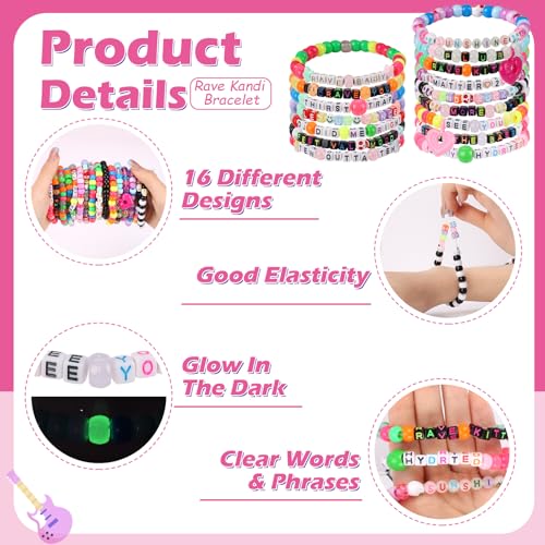 16/24/32Pcs Rave Kandi Bracelets Set Glow In The Dark EDM Music Stretch Bracelets Multi Color Beaded Kandi Cuff Rave Accessories Jewelry Music Party Favor for Women Men Friends EDM Party Music Festival3