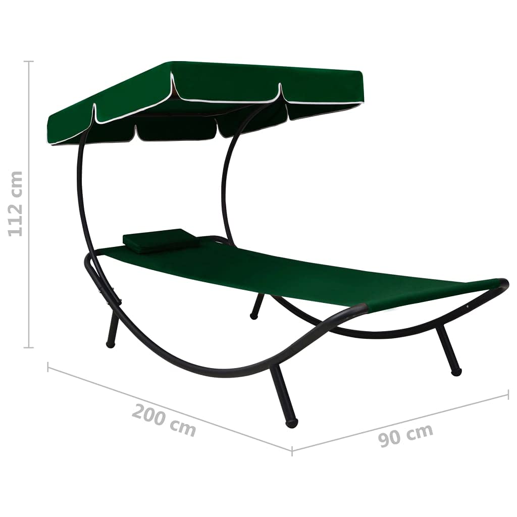 Lettino prendisole con tettuccio parasole, cuscino da giardino, verde, 200 x 90 cm | Comoda sdraio da giardino con tettuccio parasole regolabile e cuscino per terrazza, balcone e giardino all'aperto.