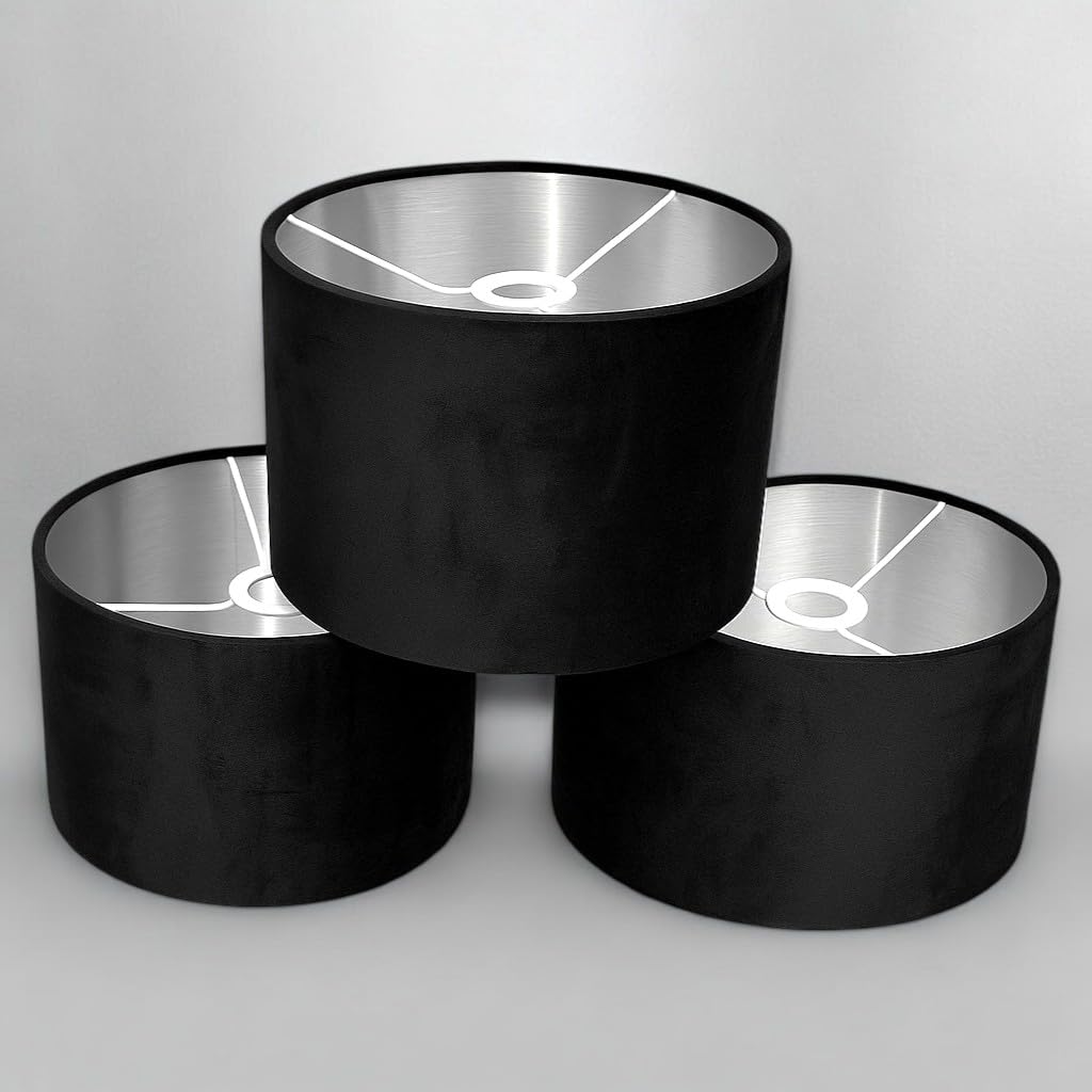 Plush Velvet Lampshade for Ceiling Shade, Table, Floor Lampshade with Brushed Silver Lining Handmade in the UK (Black,Diameter 50 x 24cm Height โ image 1