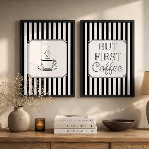 Image of Suneree But First Coffee Wall Art Set of 2 Framed Paintings | Black White Striped Coffee Poster Kitchen Cafe Decor | Home Office Wall Decor (Art 20, 10x13 Inches, Black)