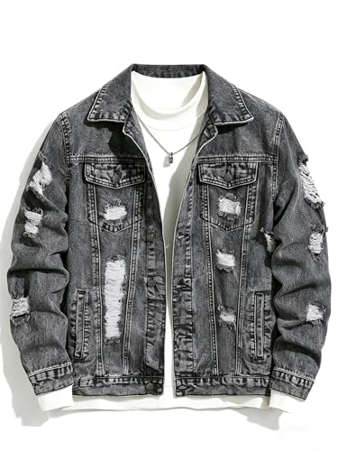Image of Men's Denim Jacket Patchwork Fringe Jacket Slim Jean Jacket Streetwear Coat