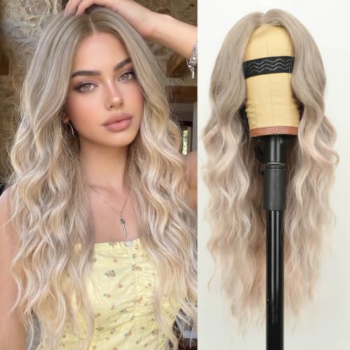 Image of AISI HAIR Champagne Ash Blonde Wavy Wig with Soft Pink Ends for Women, Long Wavy Lace Hairline Middle Part Synthetic Heat Resistant Wig for Daily Party-26 Inch