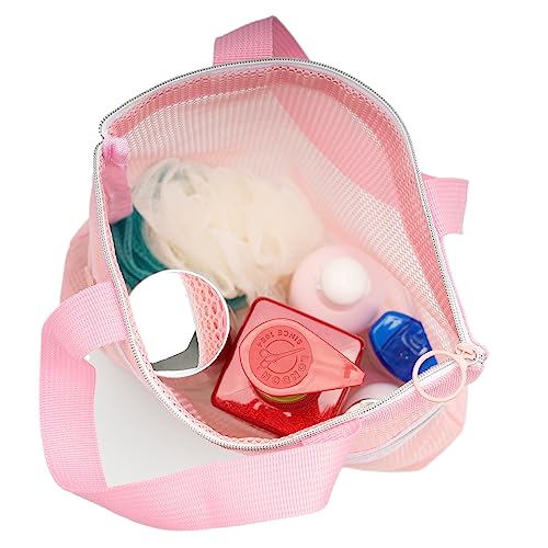 Mesh Shower Caddy Bag Portable Small Hanging Toiletry Tote Bag for Gym Travel Beach Bathroom Sunscreen (Pink)4