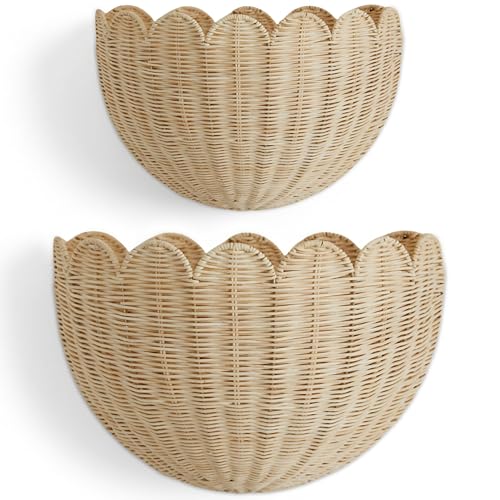 BEBE BASK The Original Scalloped Wicker Wall Basket Set of 2 Handwoven Scalloped Wall Baskets (16 x 10 x 7 in) Woven Rattan Wall Hanging Baskets - Natural Scalloped Basket