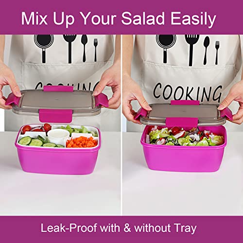 Image of Caperci Large Salad Container Bowl for Lunch - Better Adult Bento Lunch Box 68 oz, 5-Compartment Tray, 2pcs 3-oz Sauce Cups, Stackable, BPA-Free (Purple)
