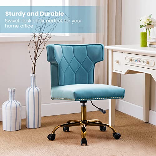 Recaceik Modern Velvet Home Office Chair, Adjustable Leisure Swivel Desk Chairs With High Back 360 Degree Castor Gold Wheels For Living Room/Bedroom/Office (Light Blue) #TOP3