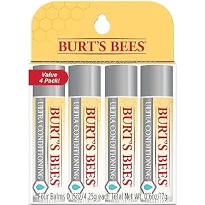 Burt’s Bees Lip Balm Stocking Stuffers, Moisturizing Lip Care Christmas Gifts for All Day Hydration, Ultra Conditioning with Shea, Cocoa & Kokum Butter, 100% Natural (4-Pack)