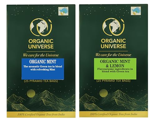 Image of ORGANIC UNIVERSE Organic Mint Tea and Organic Mint & Lemon Tea Whole Leaf Tea Combo | Pack of 2, 50 Pyramid Tea Bags | Aromatic Flavours | 100% Organic Ingredients