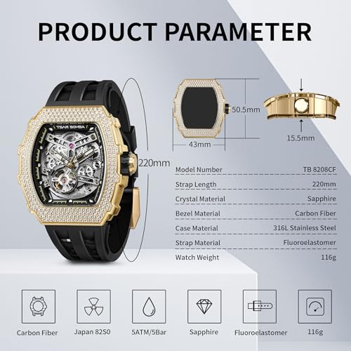 Image of TSAR BOMBA Men's Automatic Watch Tonneau Luxury Skeleton Watches for Men Mechanical 50M Waterproof Analogue Watches Mens Unique Cool Square Big Face Dial Wristwatch with Silicone Strap Band