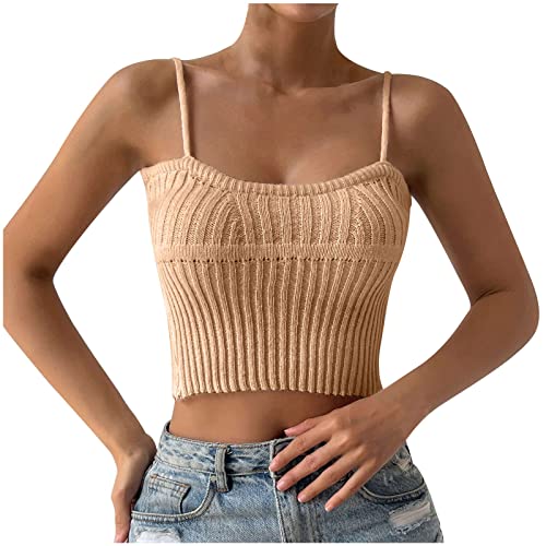 Byoimud Womens Trendy Knit Ribbed Bustier Camisole Casual Sexy Sleeveless Spaghetti Strap Crop Tank Tops Beach Loose Cami Top #TOP2