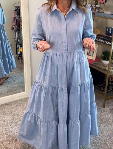 Image of chouyatou Women's Loose Fit Puff Sleeve Maxi Tiered Babydoll Dress V-Neck Cotton Long Button Down Dress