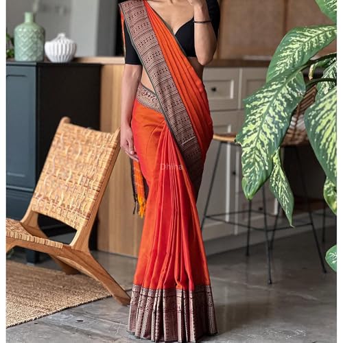Image of Narayanpet Pure Cotton Avani Border Saree for Women with Running Blouse | Tassels | Traditional Woven Solid Design | Handloom Weave