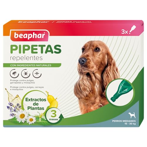 Beaphar Pipetas repelentes Naturales para Perros medianos (de 15 a 30 kg) - 3 Meses de protección Natural contra garrapatas, pulgas y Mosquitos - 3 pipetas de 2 ml., El embalaje puede variar