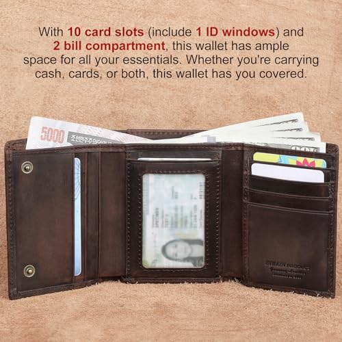 Image of Trifold Chain Wallets for Men, Genuine Leather Wallet RFID Blocking Anti-Theft Chain for Biker, Motorcycle