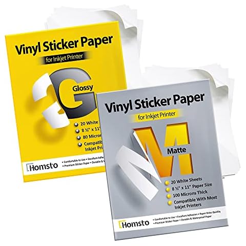 Printable Vinyl Sticker Paper for Inkjet Printer - Matte and Glossy Sticker Paper Waterproof - 20 Matte and 20 Glossy Sticker Sheets for Printer - Tear and Scratch Resistant, Quick Dry Cover