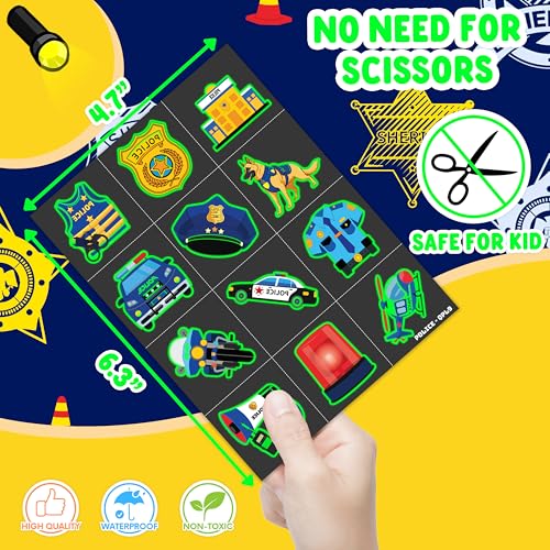 Image of 96 PCS Police Pre-Cut Luminous Glow in the dark Temporary Tattoos for Kids | Super Cute Theme Birthday Party Favors Supplies Decorations, Police Car Policeman Fake Tattoos Gifts for Boys Girls
