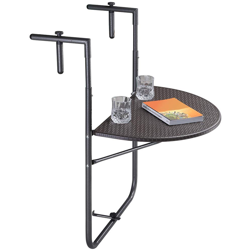 BAKAJI Tavolo da Ringhiera per Esterno Pieghevole Salvaspazio, Tavolino da Appoggio per Balcone con Altezza Regolabile, Struttura in Metallo Piano Polyrattan Chiusura Ribaltabile, 60 x 64 cm (Marrone)