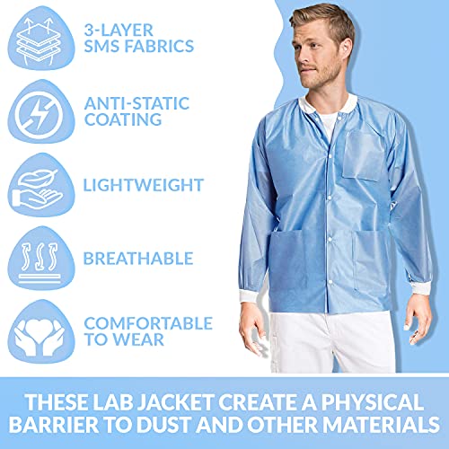 ValuMax 3630CBL Extra-Safe, Wrinkle-Free, Noble Looking Disposable SMS Hip Length Jacket, Ceil Blue, L, Pack of 103