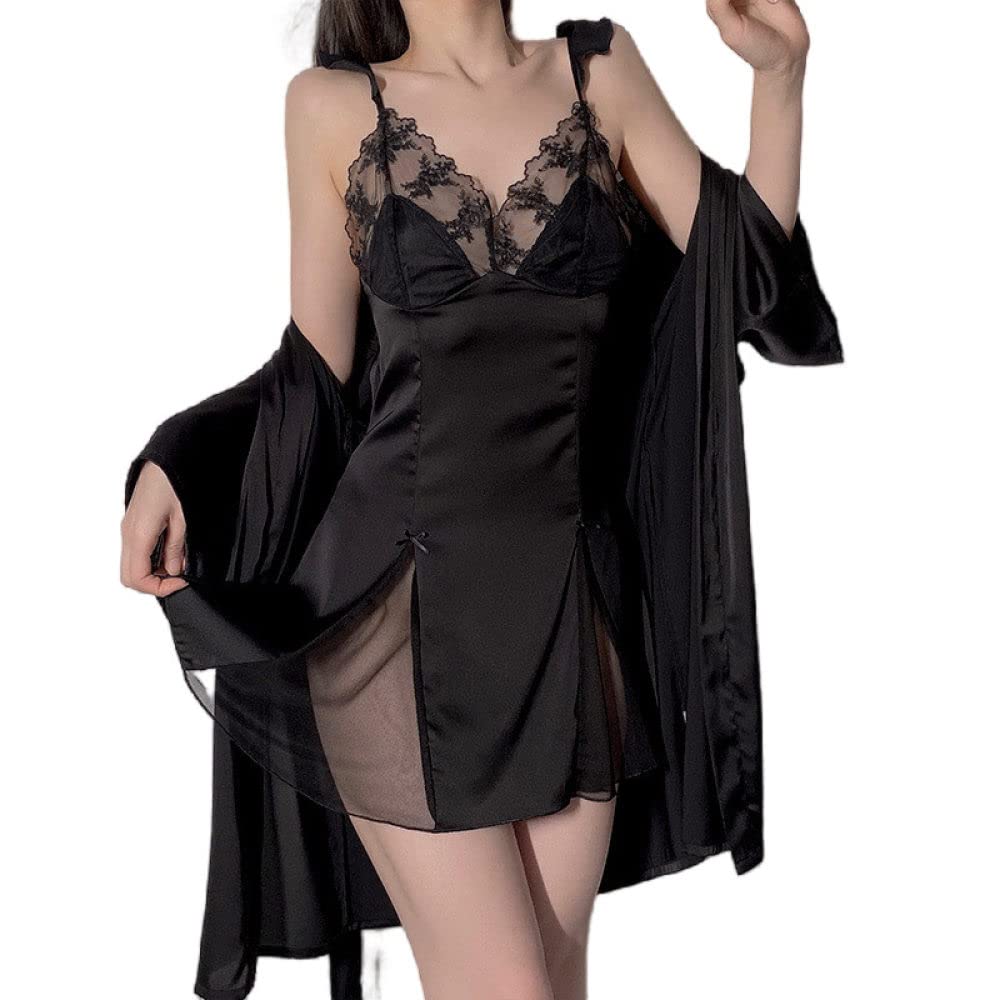 Camicia Da Notte Donna,Accappatoio In Raso A Due Pezzi Leggero Kimono In Pizzo A Rete Vestaglia Nera Volant Sexy Scollo A V Pigiama Babydoll Set Vestaglia Sposa Vestaglia Pigiameria Bademantel Damen