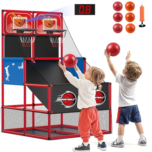 M SANMERSEN Kids Double Basketball Hoop Arcade Game Set with 6 Balls Electronic Scoreboard LED...