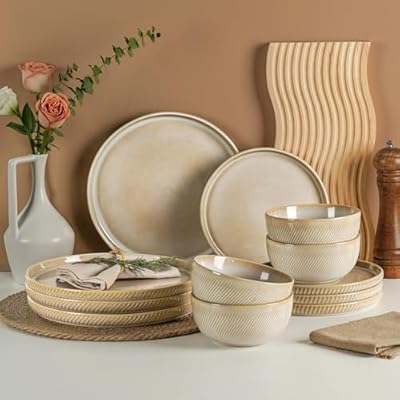 Metflavor Earthsong Dinnerware Sets for 4, 12-Piece Ceramic Plates and Bowls Set, Dishwasher and Microwave Safe Stoneware Dishes Set, Ribbed, Sculpted Dune