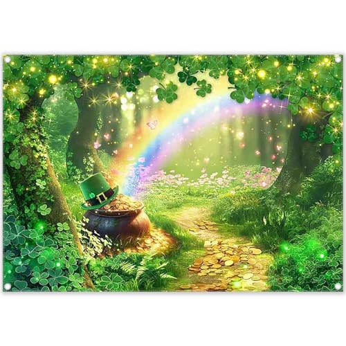ZTHMOE Fabric 7x5ft St. Patrick's Day Photography Backdrop Spring Forest Rainbow Shamrock Gold Coins Background Festival Party Decorations Banner Photo Booth