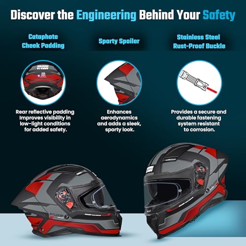 Image of STUDDS Helios Asphalt Full Face ISI and DOT Certified Helmet with Dual Visor MATT Black & Grey RED - M